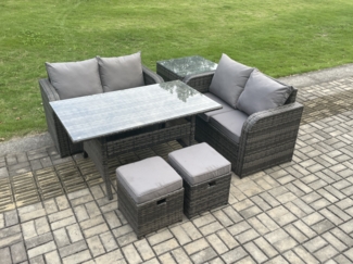 Fimous Terrassenmöbel Set Polyrattan Langer rechteckiger Esstisch und Loveseat Sofa set mit Beistelltisch 2 kleine Fußhockern Dunkelgrau gemischt