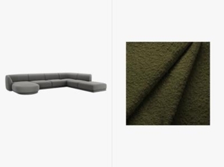 Micadoni Panorama-Ecksofa Miley 6-Sitzer Rechts Boucle Dunkel-Olivgrün Kunststoff schwarz