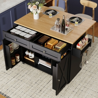 Moderne Kücheninsel Küchenschrank buffetschrank Speisewagen mit Holzmaserung Multifunktionale Esstisch mit Speicherraum Speisewagen mit Snackregalen Schwarz