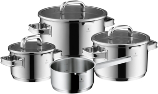 WMF Topf-Set Function 4 Advanced, Cromargan Edelstahl poliert (Induktionstöpfe, 4-tlg, Glasdeckel mit 4 Abgießfunktionen), Innenskalierung