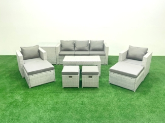 Fimous Polyrattan Gartenmöbelset mit Graue Kissen 9-Sitzer mit 2 Sesseln und Couchtisch