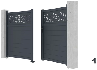 Vente-unique - Gartentor Flügeltor mit Torantrieb - 355 x 181 cm - Aluminium - Halbvoll mit Muster - Anthrazit - BAZIO