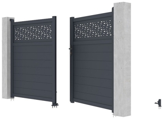 Vente-unique - Gartentor Flügeltor mit Torantrieb - 355 x 181 cm - Aluminium - Halbvoll mit Muster - Anthrazit - BAZIO