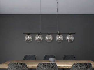 LED Pendelleuchte 5-flammig Schwarz-Glaskugeln Rauchglas, Breite 100cm