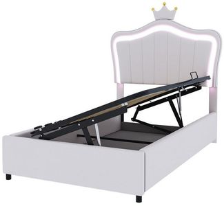 BlingBin Polsterbett Bett Kinderbett Polsterbet Gästebett (1er Set, 1-tlg, mit Kronendesign und LED-Beleuchtung – Hydraulisches Stauraumbett), Höhenverstellbares Kopfteil, 90 x 200 cm, Ohne Matratze