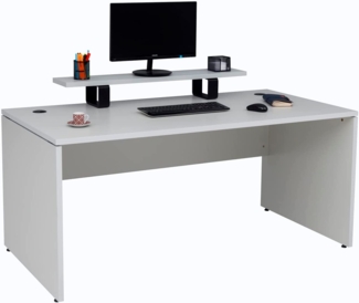 Furni24 Schreibtisch fürs Arbeitszimmer und Home Office - Großer laminierter Computertisch aus Holz, 2 Kabeldurchlässe (Grau, inkl. Monitorständer und Kabelkanal,180 x 80 x 75 cm)