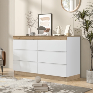 Kommode 6 Schubladen Eicheoptik, Schlafzimmer Sideboard mit viel Stauraum, klassische Kommode aus Spanplatte