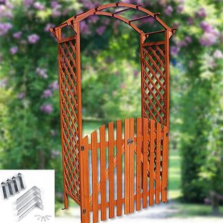 Rosenbogen Braun mit Türen Spalier Rankhilfegitter Holz Pergola Garten Torbogen