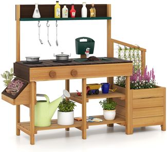 Kinder Matschküche mit Pflanzkasten & Rankgitter Outdoor Kinderküche mit Wasserfunktion Natur + Braun