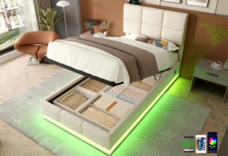 LVHOM Boxbett 90/140/160/180x200 cm mit LED, USB, Typ C-Ladeanschluss, Bettkasten (Weicher, hautfreundlicher Samtstoff, Leuchten in 16 Farben, Seitlicher Ladeanschluss, Integriertes Hydrauliksystem, Bettkasten Platzsparend, Bettgestell/Polsterbett/Dopp...