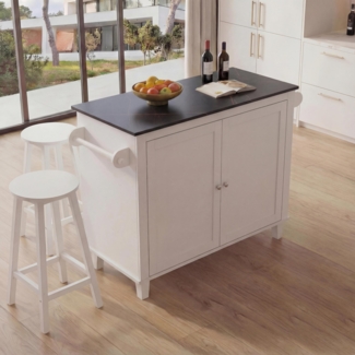 Kücheninsel HWC-P61 mit 2 Sitzhockern, Küchenschrank Schublade Staufächer MDF 90 x 120 x 45 cm ~ weiß, Marmor-Optik schwarz