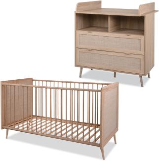 KHG Kinderzimmer-Möbelset hell-braun modern Eiche-Optik, Wickelkommode mit 2 Schubladen Kinderbett 70x140 cm aus Holzwerkstoff Rattan-Optik, Gestell aus Massivholz