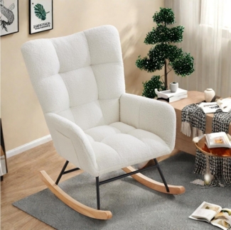 GarveeMore Schaukelstuhl mit Kissen,Teddystoff,Relaxstuhl,Stillsessel,Schaukelsessel, Schaukelstuhl mit Relaxfunktion,Mit 2 Seitentaschen