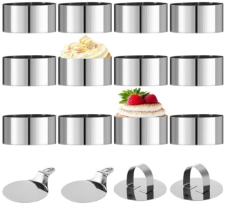 Refined Living Speisering 12 Stück Dessertringe und Speiseringe mit 2 Grundplatten und 2 Deckeln, Edelstahl, (8cm Edelstahl Lebensmittel Ringe Nahtlose Mousse Form Springform, Backformen Set Backzubehör Kuchenform Servierringe DIY Bäckergeschenke), Pro...