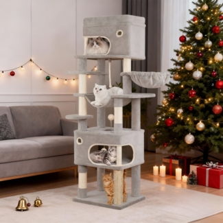 Kratzbaum, 176cm Katzenbaum, XL, 3 Plattformen, 2 Höhlen, 7 Kratzsäulen, Hängematte, Plüschbälle, Katzenkratzbaum für Mehrkatzenhaushalte, Hellgrau