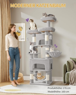 Kratzbaum, 176cm Katzenbaum, XL, 3 Plattformen, 2 Höhlen, 7 Kratzsäulen, Hängematte, Plüschbälle, Katzenkratzbaum für Mehrkatzenhaushalte, Hellgrau