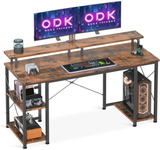 ODK Gaming Schreibtisch 120x50x86.5cm Vintage Braun mit Regal & Monitorständer