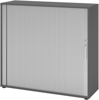 bümö Aktenschrank abschließbar mit Rollladen, Rollladenschrank für Ordner & Co. - Büroschrank mit Rollo, abschließbarer Ordnerschrank aus Holz in Graphit/Silber mit Relinggriff, 1733S-G-S-RE