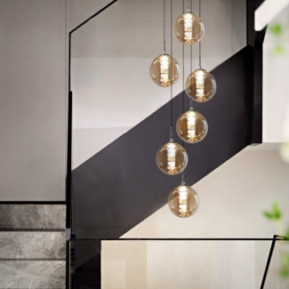 ZMH Pendelleuchte Esstisch 150CM Höhenverstellbar Pendellampe Kronleuchte Wohnzimmer, Glaskugel Hochwertige Design, LED wechselbar, 6-Flammig Bernstein Esszimmerlampe Schlafzimmer