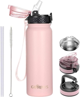 600ml Edelstahl Wasserflasche mit Strohhalm Trinkflasche Sport Thermosflasche 3