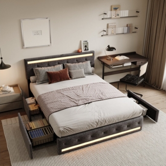 Furnishings Home Polsterbett Stauraumbett Doppelbett (Vier extra große Schubladen unter dem Bett), Mit LED-Beleuchtung, USB & Type-C, Leinen, 140x200 cm