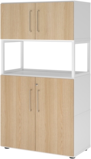 bümö flexi Aktenschrank abschließbar mit Flügeltüren & 1 Regalfach offen in Weiß/Eiche, Büroschrank mit werkzeuglosem Schnellmontage-Klicksysten in modularer Bauweise, FW48K5RG-W-E-BS