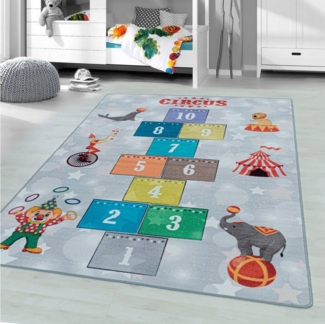 Ayyildiz Teppiche Kinderteppich PLAY 2909, rechteckig, Höhe: 6 mm, Kurzflor, Zirkus, Clown, Zahlen Spiele Hüpf Teppich, Kinderzimmer