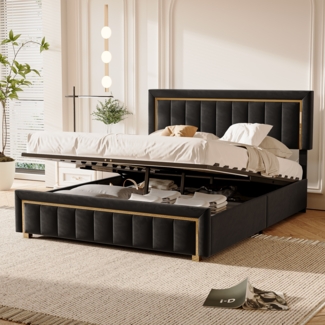 140x200cm Schwarzes Samt Bett mit Goldrand und vertikalem Design