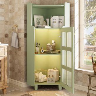 Flieks Eckschrank mit LED-Beleuchtung und Glastüren (1-St, B63,5x45x45xH124 cm) Mehrzweckschrank Hochschrank Badkommode Eckregal Grün