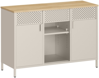 SONGMICS Aufbewahrungsschrank, Metallschrank, Schrank mit Doppeltür, Sideboard, Magnetverschluss, verstellbare Einlegeböden, Stahlgestell, sandbeige-natureichenfarben