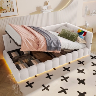 Merax Daybett, Kinderbett, Einzelbett, 90*200cm Tagesbett, Schlafsofa, Bett mit Lattenrost (ohne Matratze), mit LED-Lichtleiste, mit hydraulischem Hebemechanismus, USB-Anschluss, Typ-C, Vliesimitat, Weiß