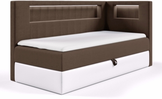 MEBLINI Kinderbett mit Bettkasten GARETH 3 80x200 Rechts – H3/Braun Samt Gepolstert Einzelbett mit Matratze - Polsterbett mit Stauraum - Bett mit Kopfteil – Stauraumbett