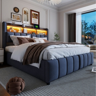 Merax Polsterbett mit hydraulischem Stauraum (215 x 180 x 111 cm, 1-tlg, Leinenstoff), Doppelbett 180x200cm mit LED USB-Anschluss, Kopfteil mit Ablageflächen