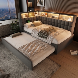 Merax Einzelbett Leinen Polsterbett 90x200cm mit Ausziehbett 90x190cm, Schlafsofa, Gästebett, LED, Bluetooth-Lautsprecher, USB & Type-C Ladeanschluss, L-Kopfteil mit Stauraumregal, Grau