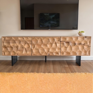 FINEBUY Lowboard FB110656 (drei Türen 3D-Optik, 160 cm, Akazie Massivholz), TV-Schrank Modern Fernsehtisch, TV-Kommode Hoch
