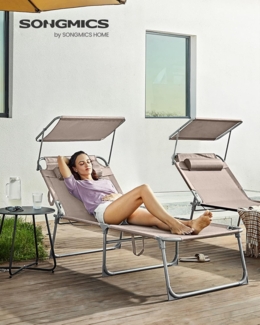 Songmics Sonnenliege mit Sonnenschutz, Kopfstütze & verstellbarer Rückenlehne, klappbar, 200 x 71 x 38 cm, Taupe