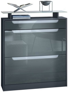 Vladon Schuhschrank Fiesta für 16 Paar Schuhe mit 2 Klappen und Glasablage, Anthrazit matt/Grau Hochglanz, Griffmulden in Weiß Hochglanz (89 x 104 x 23 cm)