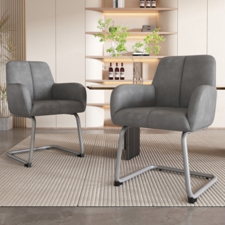 SeedWave Freischwinger PU-Leder Freischwinger Stühle mit Armlehnen, Ergonomisches Rückenlehne, 2er Set, Grau,Gepolsterter Esszimmerstühle mit verstärkte Ecken