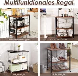 3 Ebenen Servierwagen Rollwagen mit Verstellbarer Ablage & 10 abnehmbaren Haken Braun