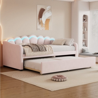 Merax Daybett 90x200 cm mit Ausziehbett 90x190 cm (1 tlg), Samt Polsterbett Schlafsofa Kinderbett Tagesbett mit LED-Streifen
