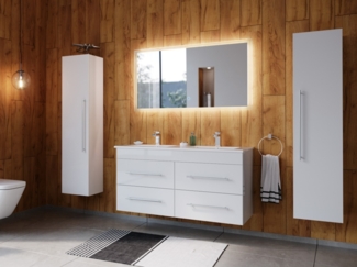 Badmöbelset Helios 4-teilig LED Spiegel 2x Hochschrank weisshochglanz : Weiss hochglanz