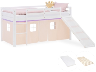 Hochbett Kinder 90x200 cm mit Matratze Rutsche Kinderbett Stockbett Vorhang Lila Peach Leiter Holz Massiv