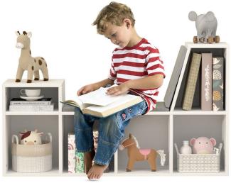 radelldar Bücherregal Kinderregal Spielzeugablage mit Sitz und 6 offenen Fächern,110x30x63cm