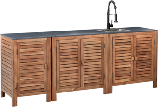 Outdoor-Küche 3er Set mit Spüle BRUCOLI Akazienholz 210 cm 50 cm Braun Schwarz