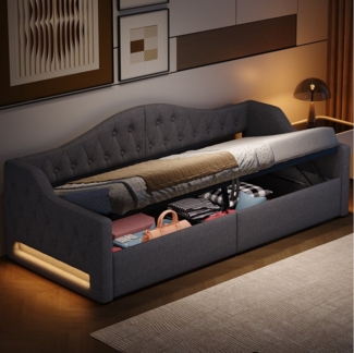 Merax Daybett mit hydraulischem Stauraum (Schlafsofa Sofabett Jugendbett Kinderbett Polsterbett, 1 tlg), Tagesbett 90x200cm mit LED-Beleuchtung Lattenrost Rückenlehne, Leinen