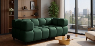 Sofa Designersofa FLOW 2-Sitzer in Stoff Bluvel Flaschengrün