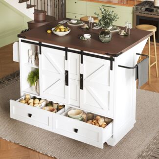 Merax Kücheninsel, Küchenschrank, Multifunktionaler Küchenwagen mit Klapptisch; Servierwagen Rollbar mit 4 Schubladen und 2 Schranktüren