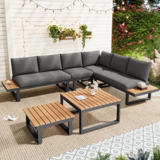 Flieks Gartenlounge-Set, 6-Sitzer Gartenmöbel 2 Tisch, Ecksofa mit 5-stufig-Neigungsfunktion