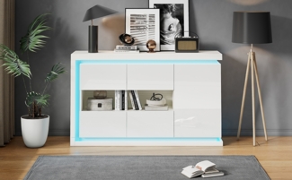 Sideboard 140x40x84 cm, weißer Hochglanz‑Vorderteil, 3 Türen mit 2 Gehärtet‑Glas‑Fronten und fernbedienbarer LED‑Beleuchtung