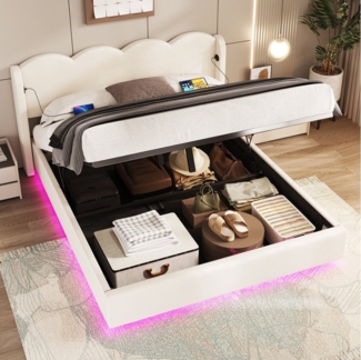 LVHOM Boxbett 140x200cm/160x200cm mit Bettkasten, Wellenförmig, Polsterbett/Doppelbett (boxspringbett 160x200 mit led, 12-farbiger LED-Beleuchtung (einstellbare Helligkeit), USB- & USB-C-Ladeanschlüssen, Fühlbar angenehm, Weicher, hautfreundlicher Samt...